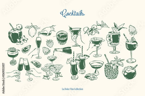 Minimalist hand drawn food and beverages vector illustration collection. Art for greeting cards, wedding invitations, poster design, branding, logo design, background. Matisse style doodles.