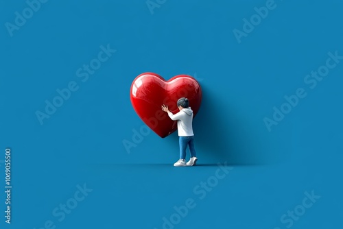 A simple, cute illustration of a person hugging a heart, symbolizing self-love and mental health care on a clean background