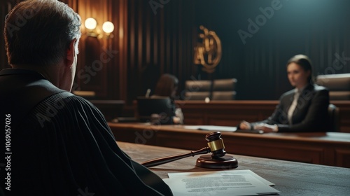 well appointed courtroom judge dressed robe issues verdict striking gavel table as prosecutor and secretary attentively listen.