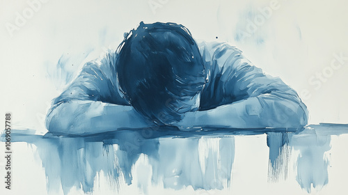 Blue Monday watercolor of person resting their head on folded arms, capturing exhaustion, fatigue, emotional burnout, conveying melancholic mood with blue tones and soft abstract brushstrokes