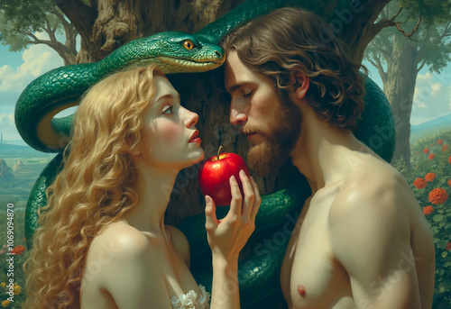 Adam and Eve in Garden of Eden. Eva giving Adam red apple. serpent tempter in paradise. Christian religious legendary story. green ancient snake devil lucifer satan. fall from grace. lapse from virtue