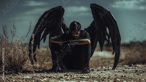 athletic demon rests cracked earth surrounded dry tumbleweeds embodying desolate landscape loneliness and despair grim apocalyptic atmosphere.