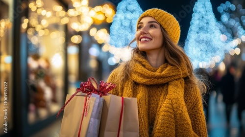 woman in coat smiling on the street with christmas gifts with bokeh lights in the background