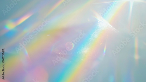 Dreamy holographic rainbow light refraction texture overlay with abstract soft bokeh effect on a white wall. Organic prismatic glow and natural shadows. Background with copy space