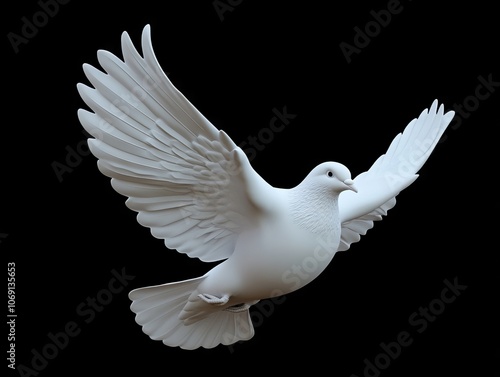 A white dove flying through the air with its wings spread