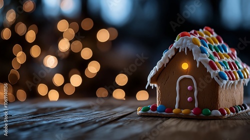 cute small Christmas bread house on rustic table with festive light background,