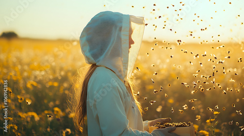 A Tranquil Rural Scene Featuring a Beekeeper Caring for Therapy Hives Amidst Blooming Flowers