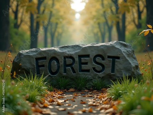 Forest, 3D realistic forest script. Forest path, wild flowers, tall pine trees and nature background. Digital art...