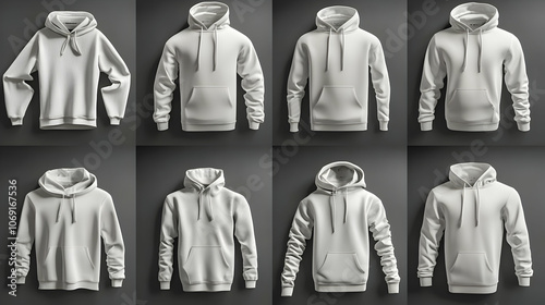 Hoodie Mockup - A collection of white hoodies displayed in various orientations and styles.