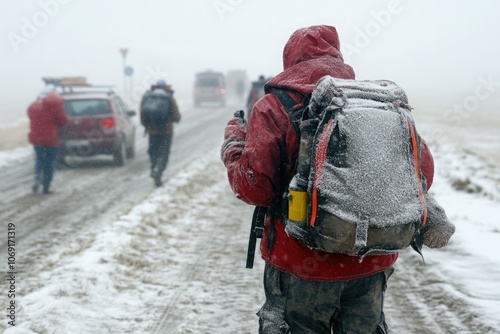 Hikers braving a snowstorm while traveling along a snow covered road in winter weather