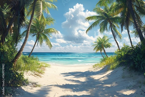 Tranquil Tropical Beach Path with Lush Foliage