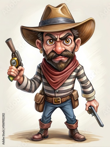 A cartoon illustration of a tough-looking cowboy character with a gun in each hand. The cowboy is wearing a brown hat, a striped shirt, a red bandana, and blue jeans. The character looks like he's rea