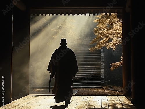 Oriental monk waking towards the light of enlightenment 