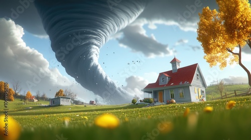 Outdoor image of a tornado looming over a grey farmhouse evoking a sense of fear and unpredictability