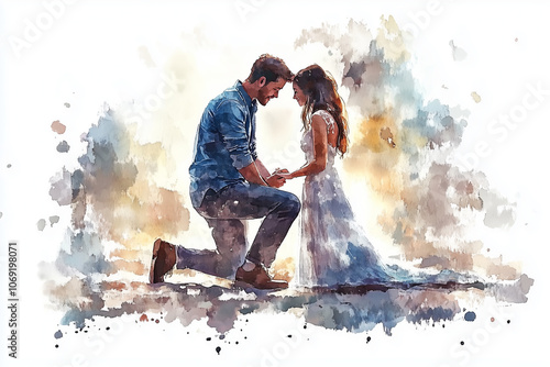 Watercolor painting of a man and woman proposing marriage.