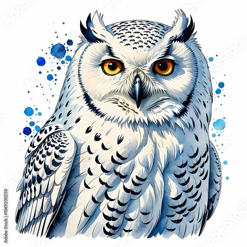 An single watercolor image of a white polar owl