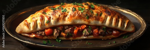 A close-up of a savory calzone filled with meat and vegetables, resting on a plate