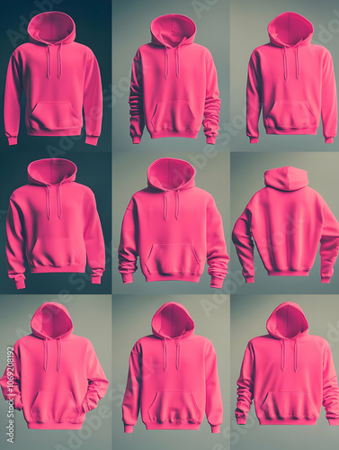 Hoodie Mockup - A collage of bright pink hoodies displayed in various orientations and angles.