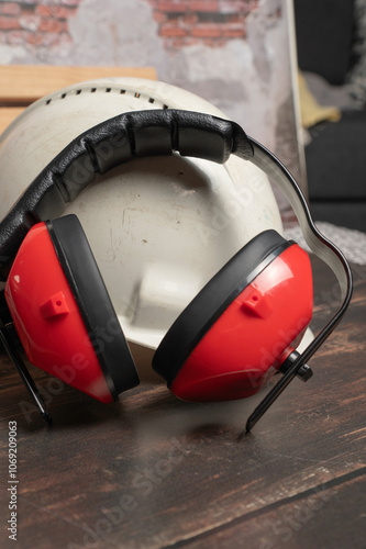 Red safety earphones and white helmet .