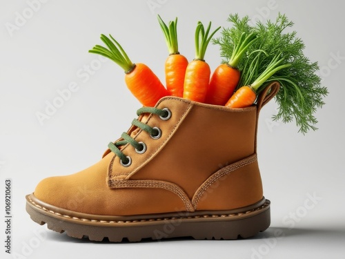 Fresh orange carrots with green tops displayed in a stylish brown leather boot on white background, creative vegetable arrangement