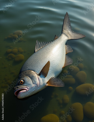 Fische fallen in einem kleinen Binnengewässer wie einer Wiese oder einem Teich wo sie auf dem Wasser liegen und nicht befallen wurden