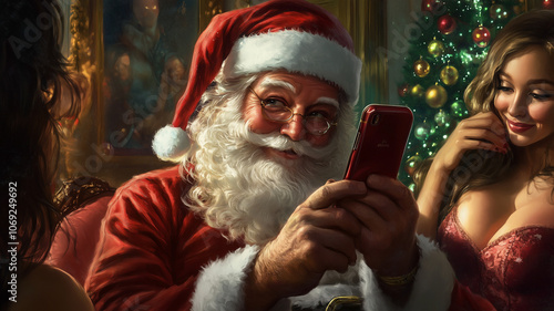 Santa Claus looking at his smart phone with a sly smile while flanked by two beautiful women on a couch with a Christmas tree in the background.