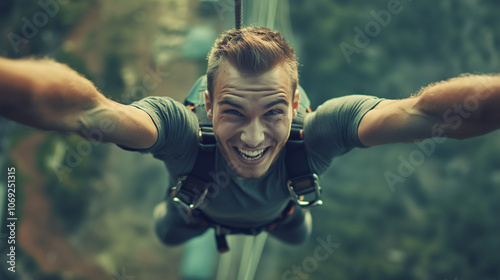 Young Man Bungee Jumping Off a Bridge with Excited Expression