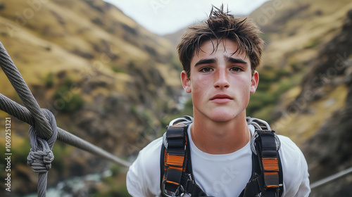 Young Man Bungee Jumping Off a Bridge with Excited Expression