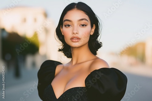 woman in a chic black midi dress with subtle embroidered details on the bodice, featuring a structured silhouette with voluminous sleeves and a cinched waist