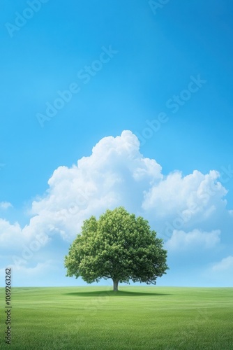 Lone tree in a lush green field under a blue cloudy sky