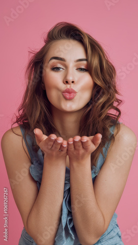 A young Caucasian woman playfully blowing a kiss against a vibrant pink background, showcasing a cheerful and flirty mood with her stylish, wavy hair.