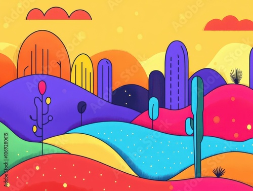 A vibrant landscape with colorful hills, cacti, and trees. The cartoonish style evokes a playful and whimsical mood.