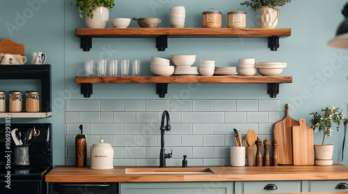 Clean, minimalist kitchen with open shelves to highlight simplicity and functionality