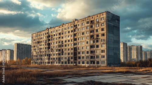 Large abandoned Soviet-era apartment building with cloudy sky in the background, symbolizing urban decay and post-Soviet architecture