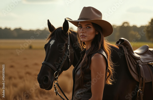 Brunette woman wearing cajun hat and vest standing next to black horse on farm.