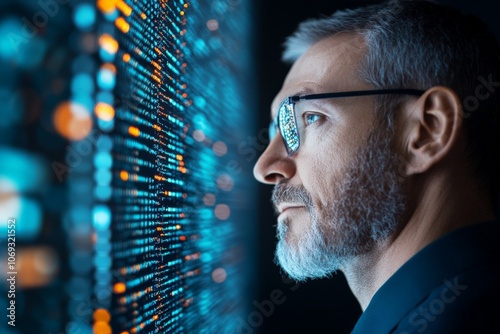 A man with glasses closely examines data on a glowing screen, symbolizing personal connection with technology and the complexity of modern digital environments.