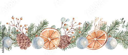 Christmas Horizontal Watercolor Seamless border Pattern. Winter Plants with dry Orange slices and blue Glass baubles. Cozy home decoration in Rustic style. Hand drawn illustration isolated on white