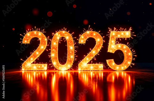 Volumetric luminous numbers for 2025 on a dark background. New Year 2025