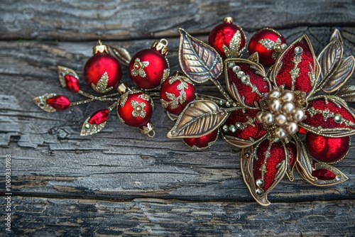 Close-up of a flower brooch on a wooden surface, perfect for jewelry or decoration