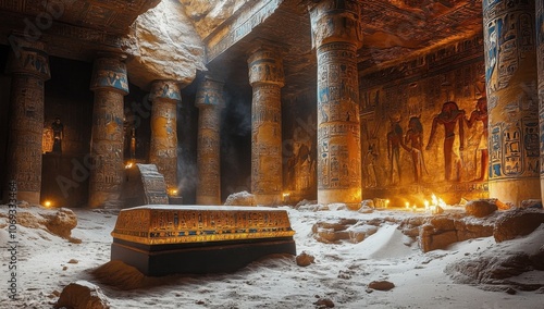 Interior of old pyramid or pharaoh's tomb with sarcophagus on stone, inside shot with sun rays, ancient tomb