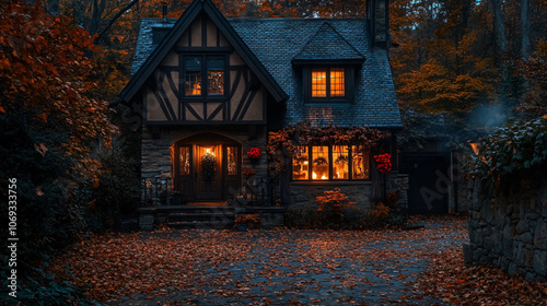 A cozy inn with a crackling fire inside and autumn leaves on the doorstep.