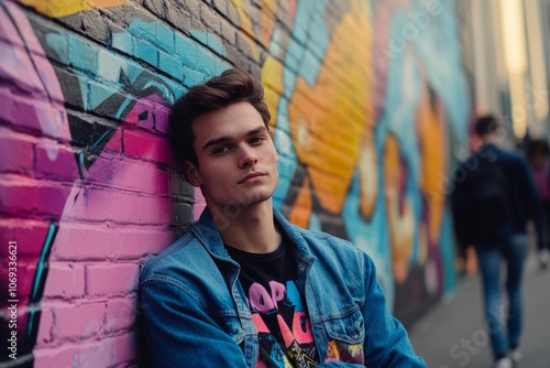 A young man leans against a colorful graffiti wall. He wears a denim jacket and a graphic tee. The urban scene is vibrant and full of life. Generative AI