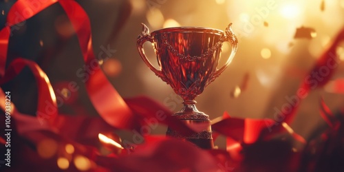 A golden trophy placed atop a vibrant red ribbon, perfect for highlighting achievements and recognition