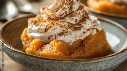 A creative sweet potato dessert featuring a spiced cream topping.