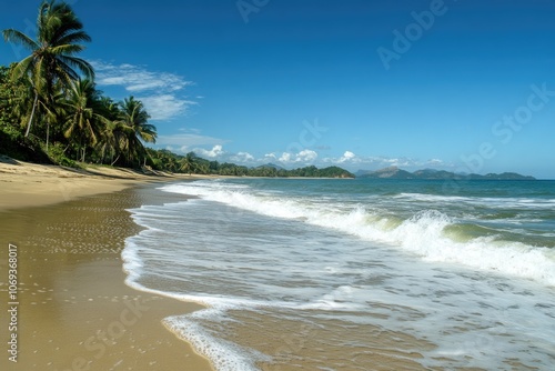 A serene coastal scene with waves gently lapping at the shore