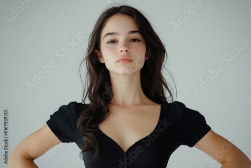 A woman posing in a black dress, great for fashion, lifestyle or editorial use