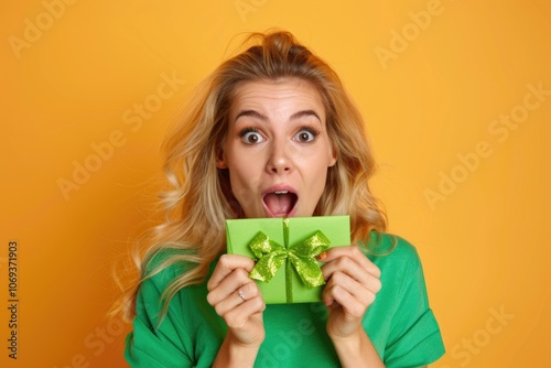 A person concealing their face with a green present, possibly indicating surprise or embarrassment