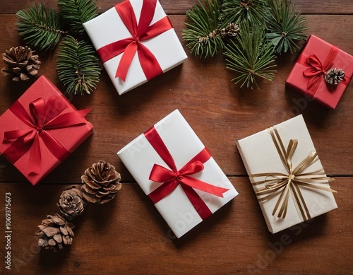 Festive holiday gifts with red and gold ribbons surrounded by pinecones and evergreen branches.