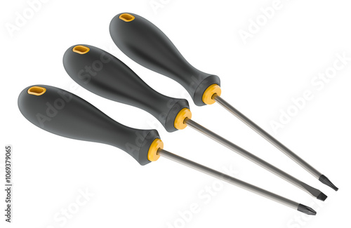 Flat head, square and torx screwdrivers. 3D rendering isolated on transparent background