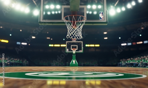 NBA basketball. Scoring basket with Boston Celtics logo. Regular season or Playoffs game concept.